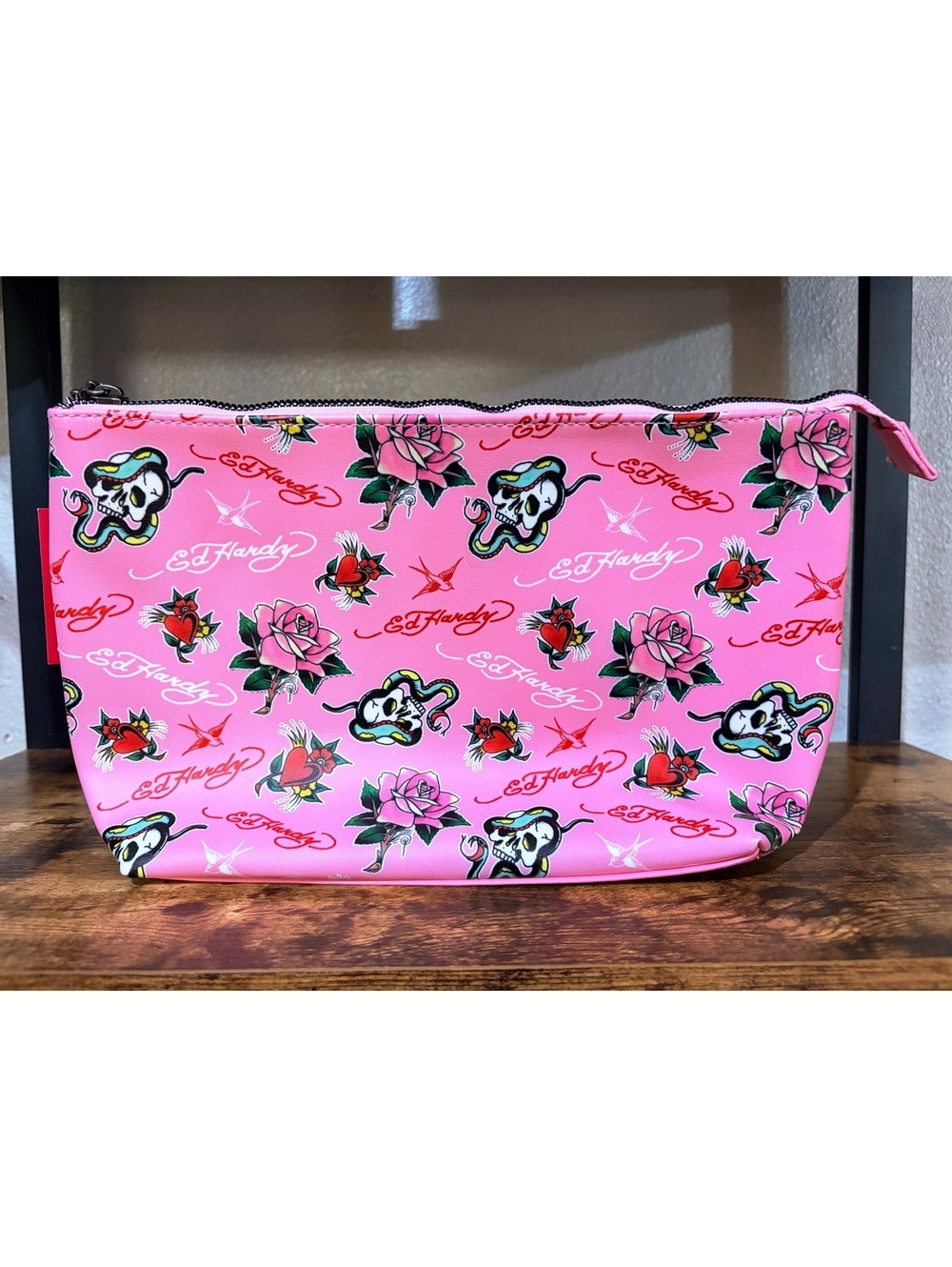 Ed Hardy All-Over Tattoo Print Pink Cosmetic Bag Pouch Skulls Roses Fiery Hearts